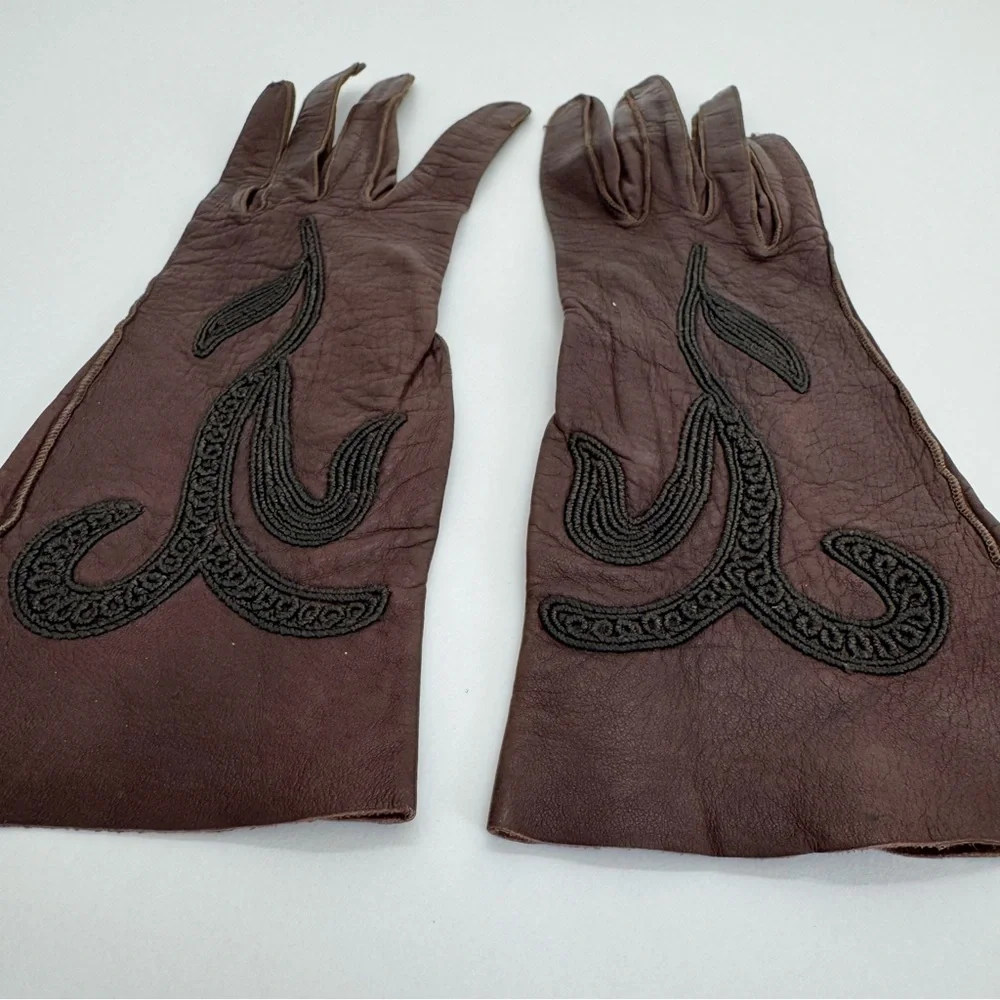 Vintage Embroidered Leather Gloves Women’s Brown